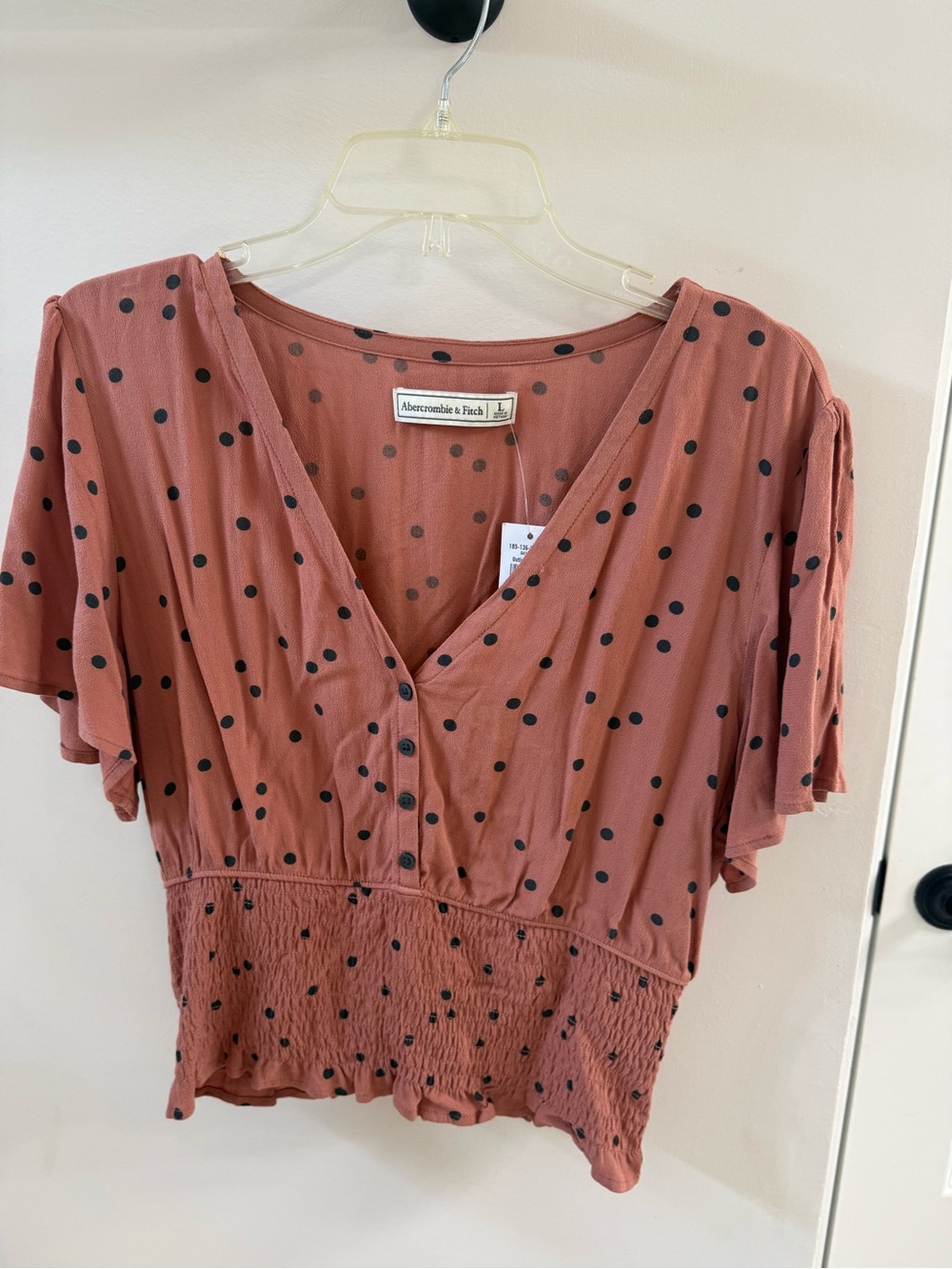 Abercrombie & Fitch Rust Dot V-Neck Smocked Waist Top